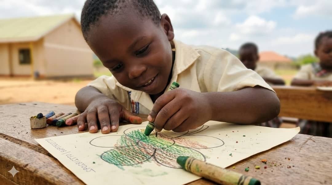 Happy child drawing and learning at New Hope Primary School